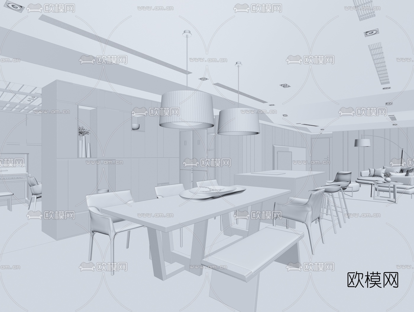 唐忠汉现代客厅餐厅3D模型下载（渲染图2）