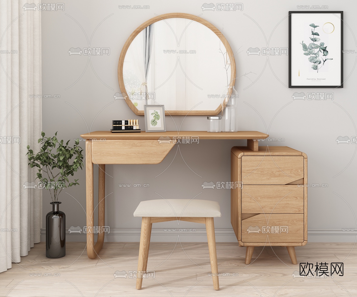 北欧实木梳妆台3d模型下载（渲染图1）
