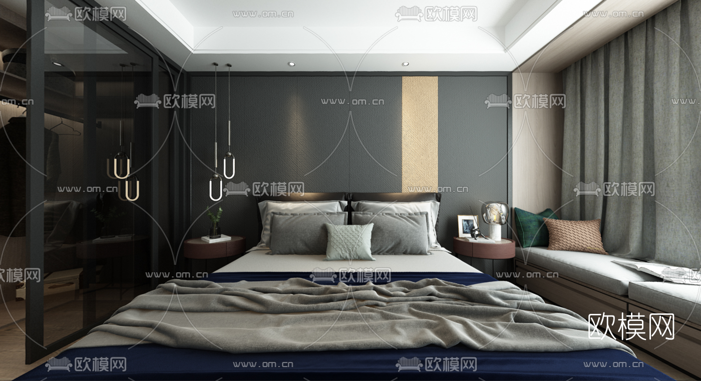 现代卧室全景3d模型-免费3dmax模型库-欧模网