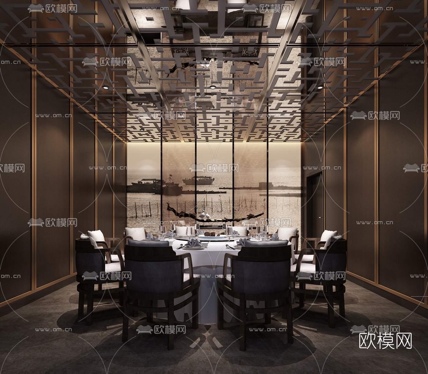 新中式餐厅包房3d模型-免费3dmax模型库-欧模网