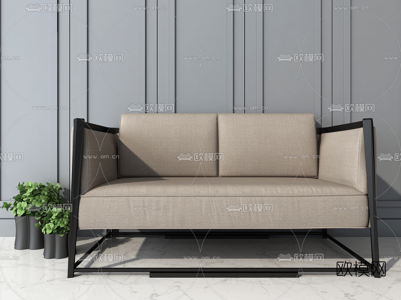新中式布艺双人沙发3d模型下载（渲染图1）