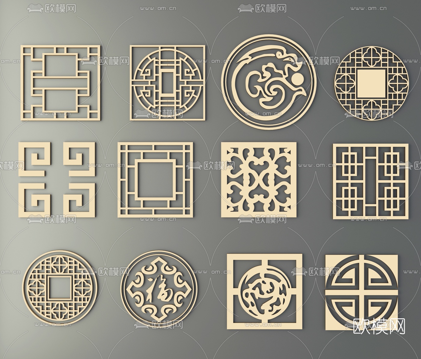 新中式金属花格雕花花窗组合3d模型