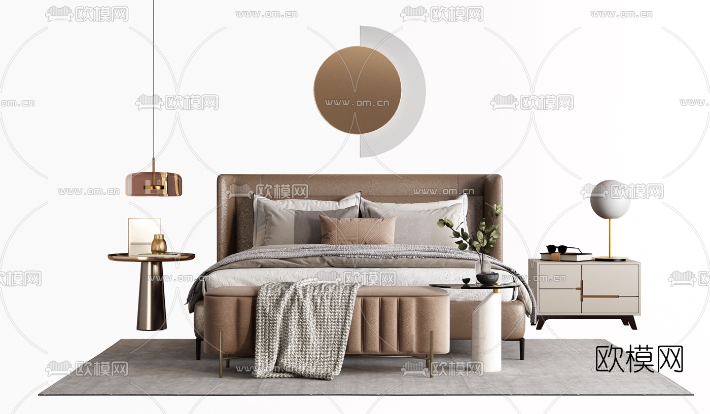 现代皮革双人床3d模型下载