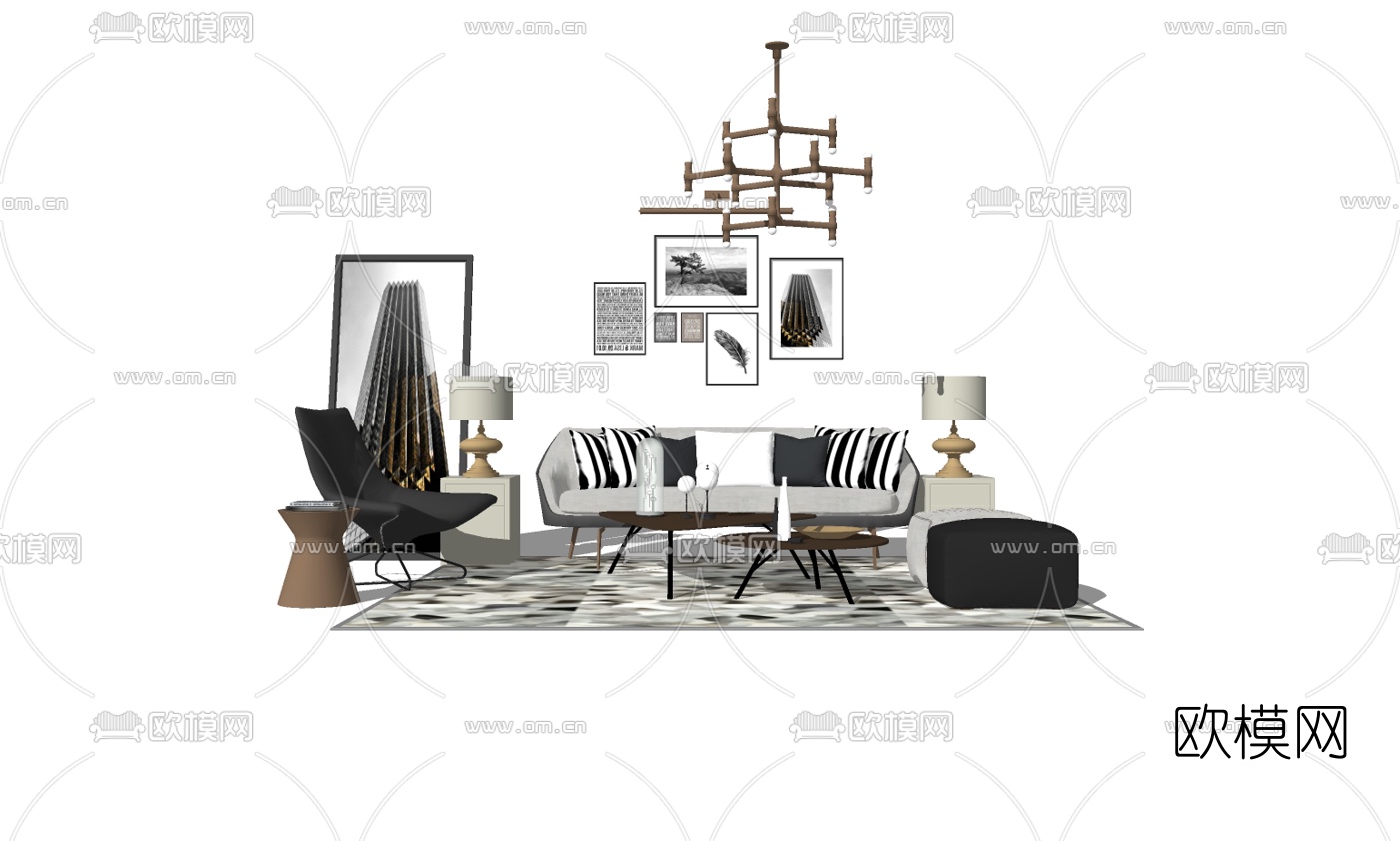 北欧沙发组合su模型下载（渲染图2）