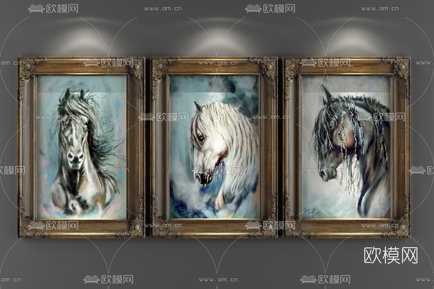 欧式实木雕花画框马头装饰画3D模型下载