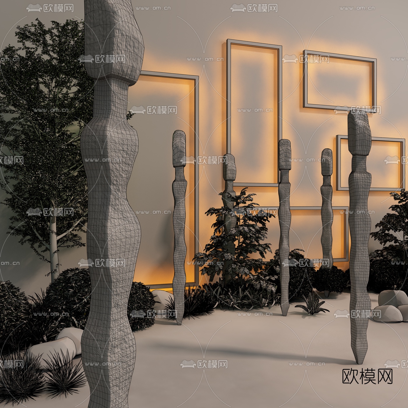 现代石柱绿植园艺小品3d模型下载（渲染图2）