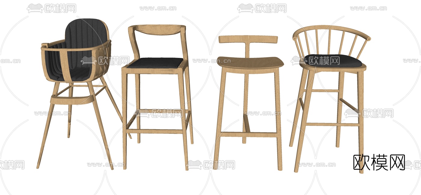 北欧半靠背吧椅组合su模型下载