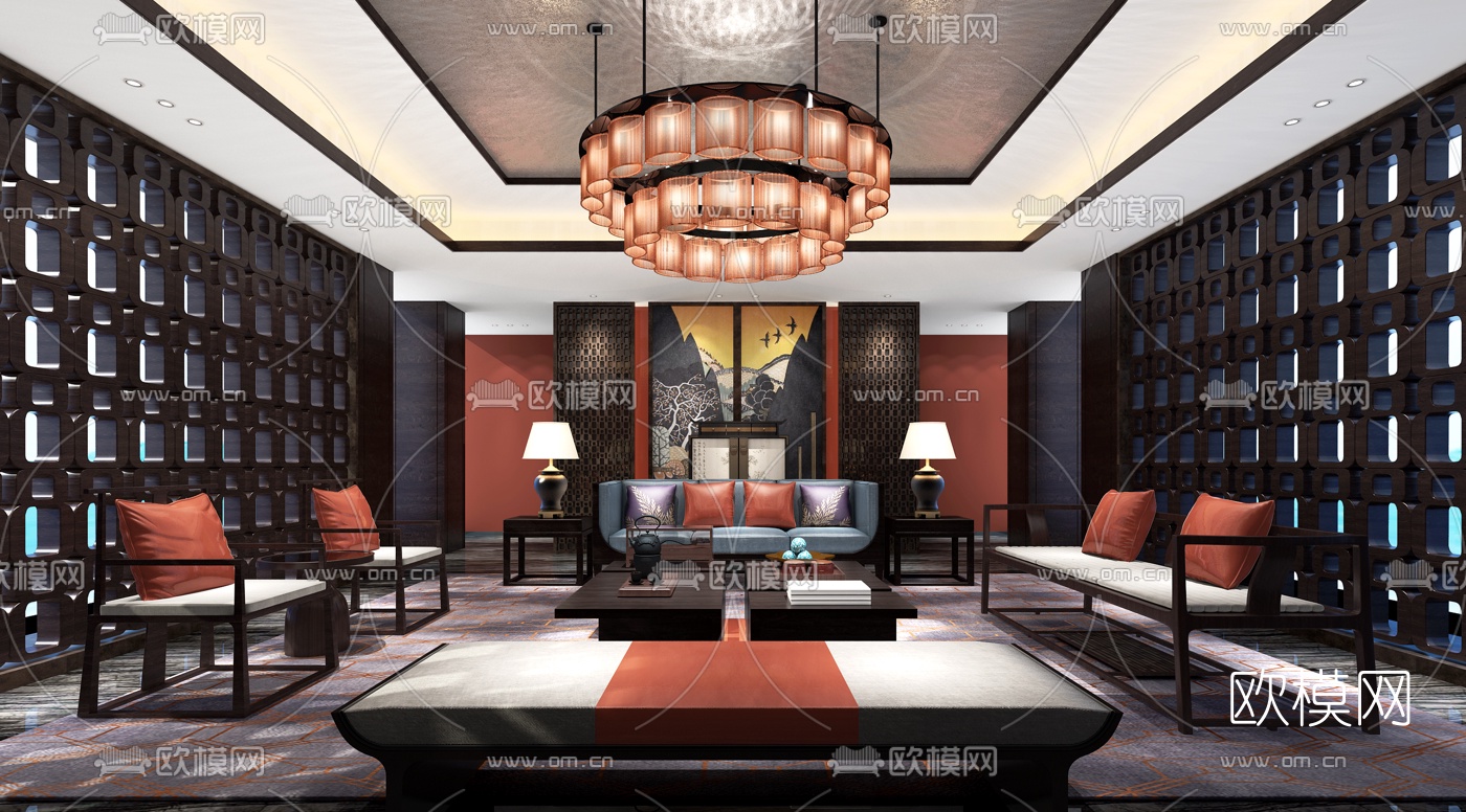 新中式会所会客室3D模型下载_ID10058382_3dmax免费模型-欧模网