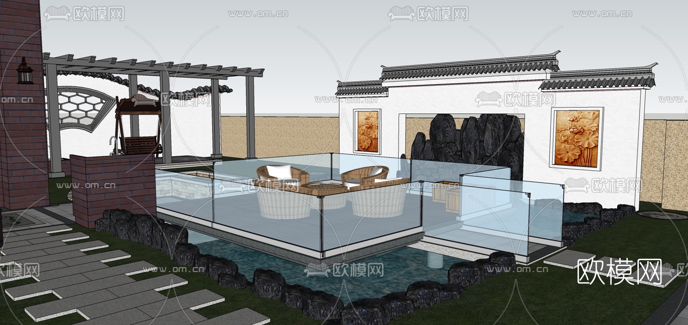 新中式庭院花园设计su模型下载（渲染图7）