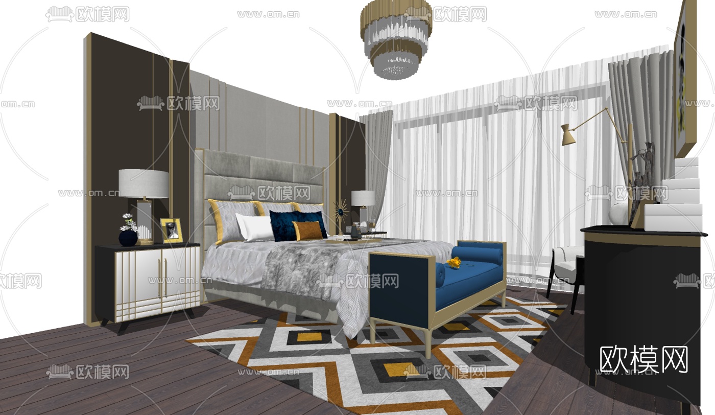 现代轻奢双人床组合su模型下载（渲染图2）