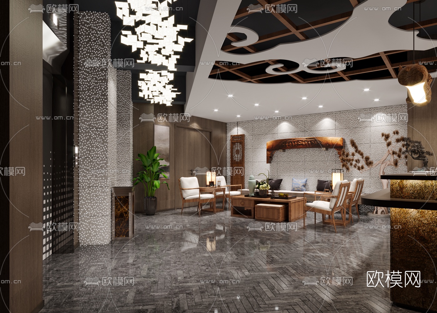 新中式足浴沐足前台3d模型下载（渲染图1）