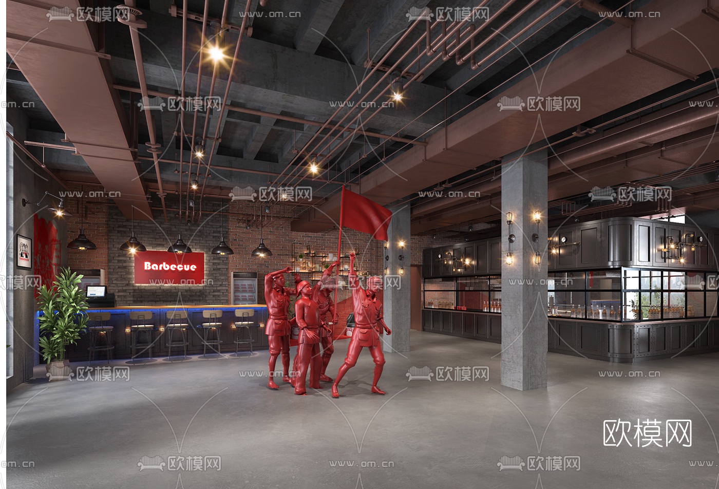 工业风复古烧烤店3d模型下载（渲染图3）