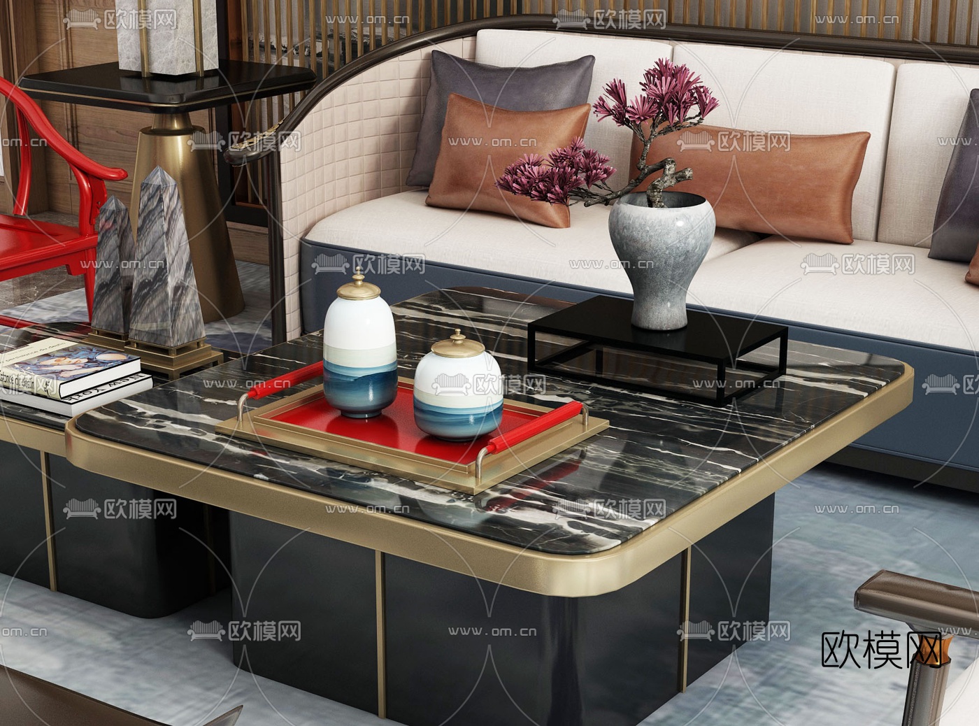 新中式沙发茶几椅子组合3D模型