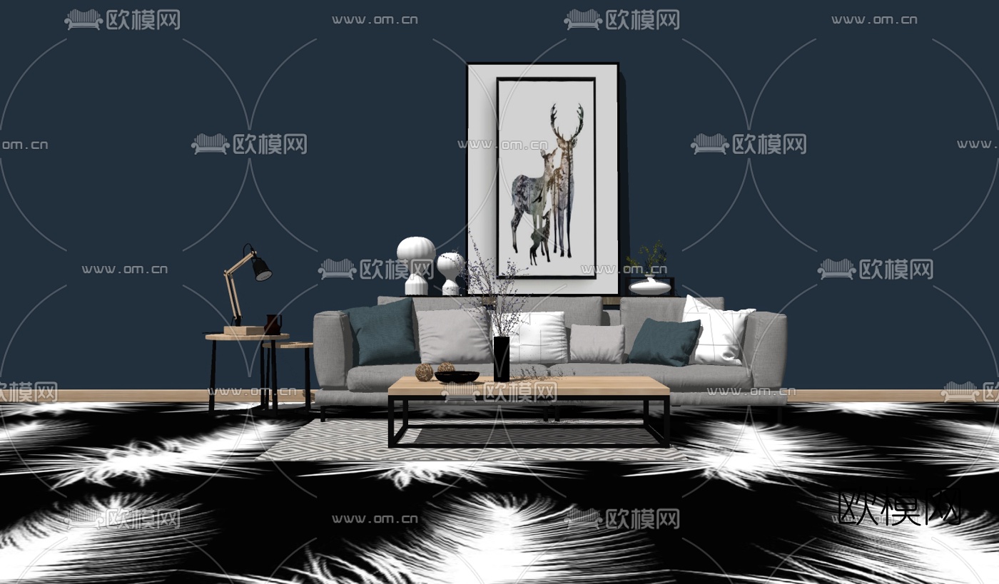 北欧布艺多人沙发组合su模型下载（渲染图2）