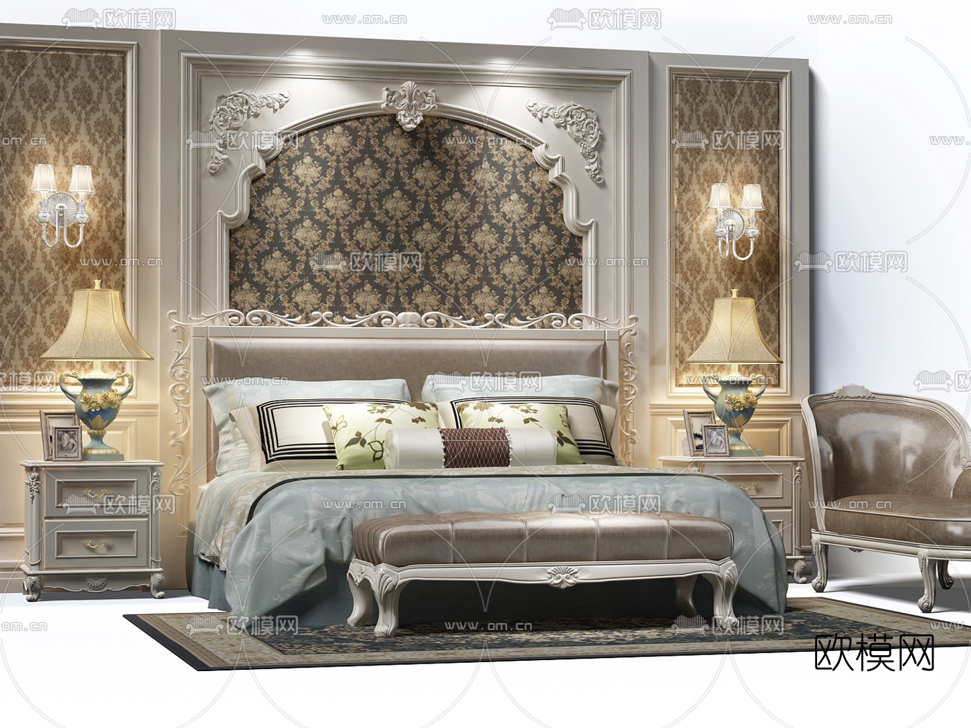 2017欧式风格别墅白色飘窗主卧室床头背景墙装修效果图 – 设计本装修效果图