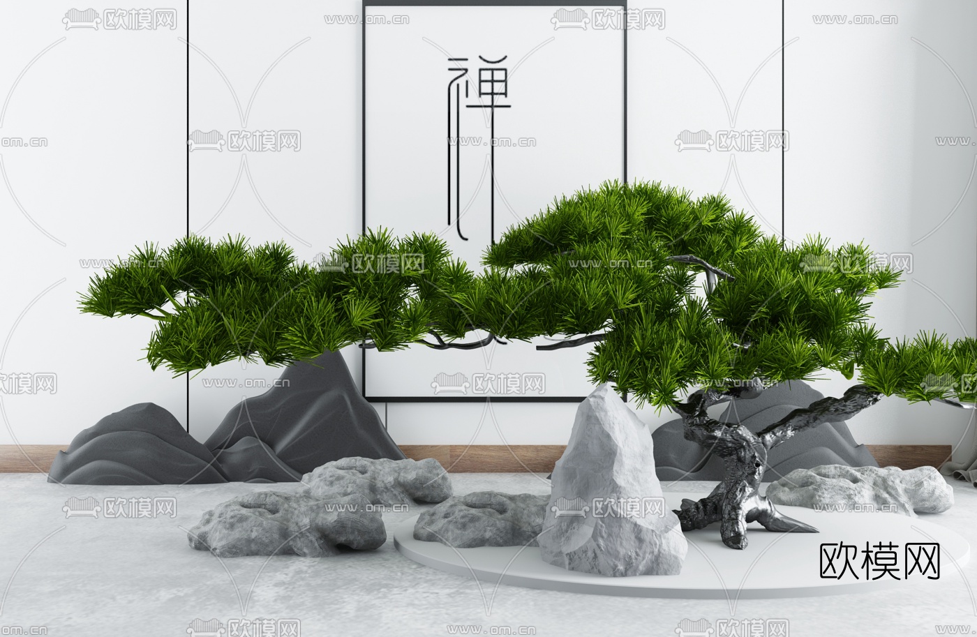 新中式松树假山景观小品3d模型