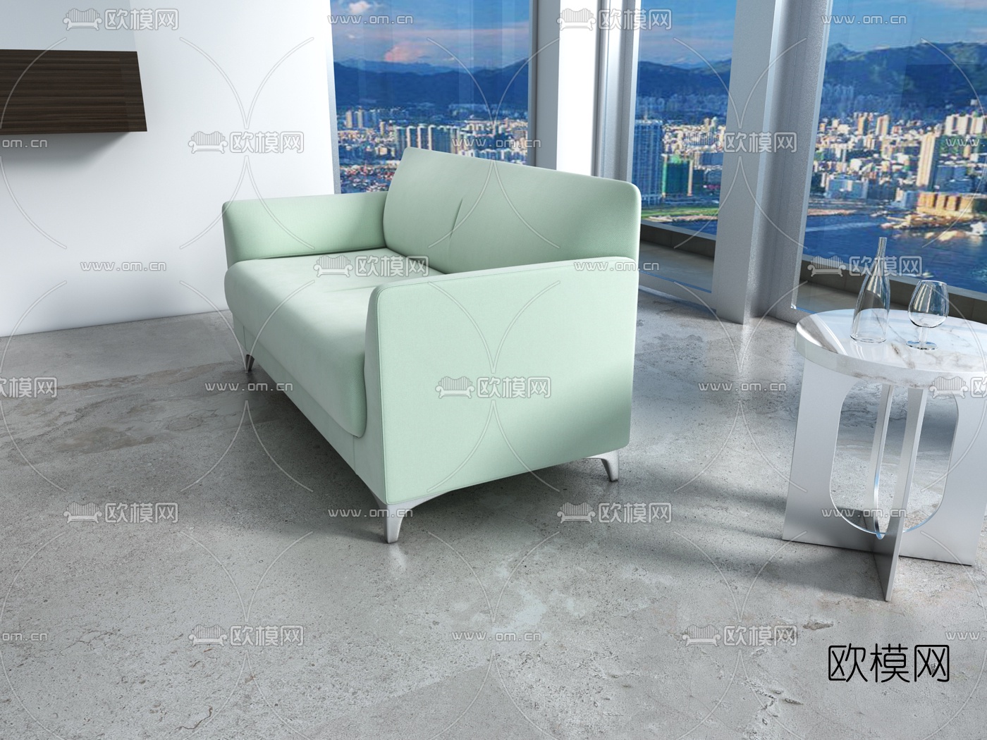 现代绒布双人办公沙发3d模型下载（渲染图2）