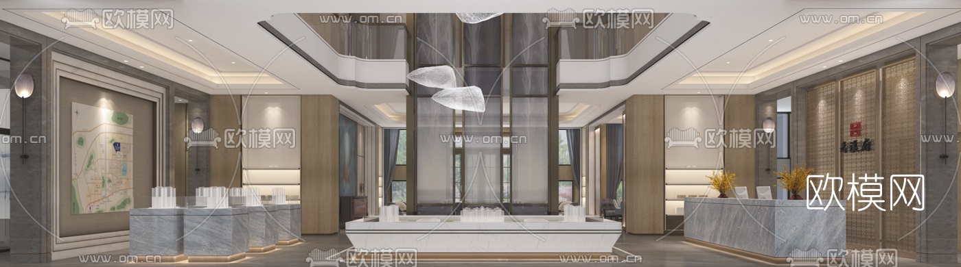 新中式售楼部前台大厅洽谈区3D模型