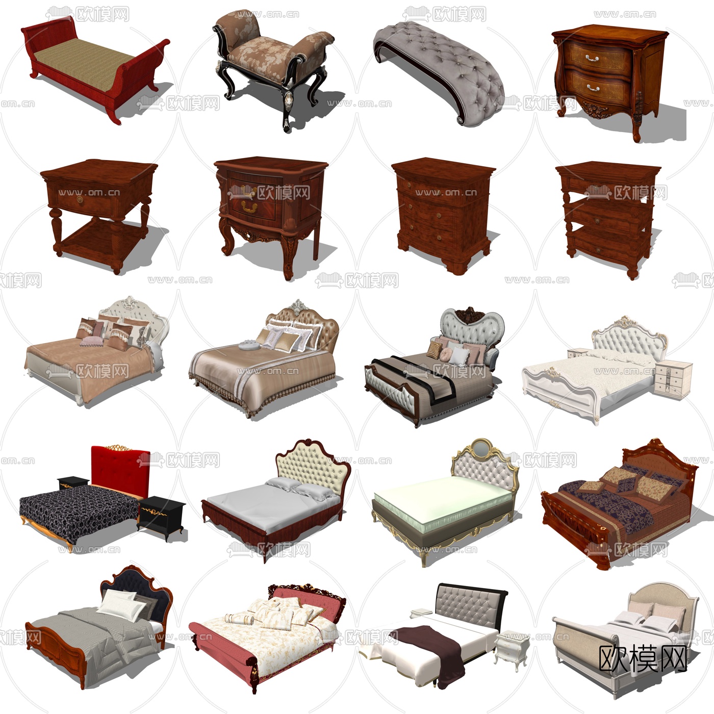 欧式双人床组合su模型下载