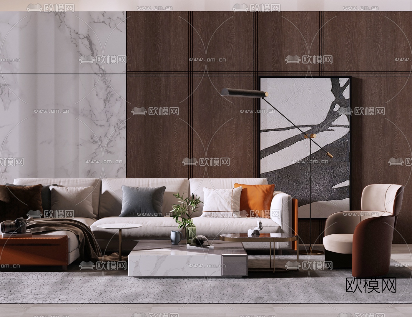 现代轻奢布艺沙发组合3d模型