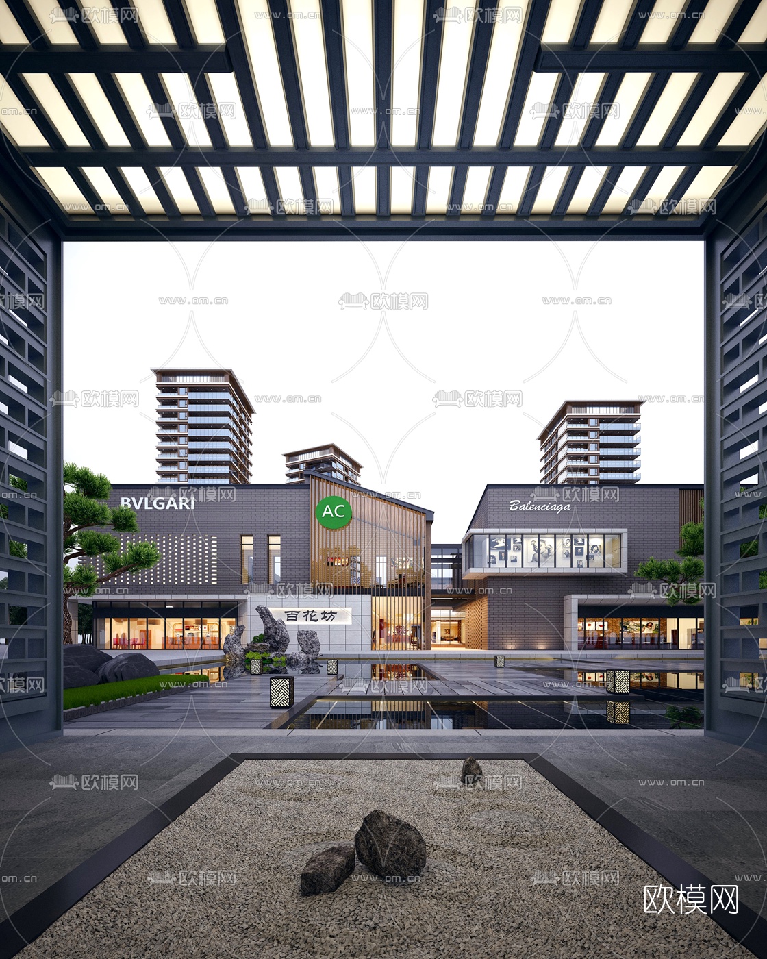 现代商业街建筑外观3d模型