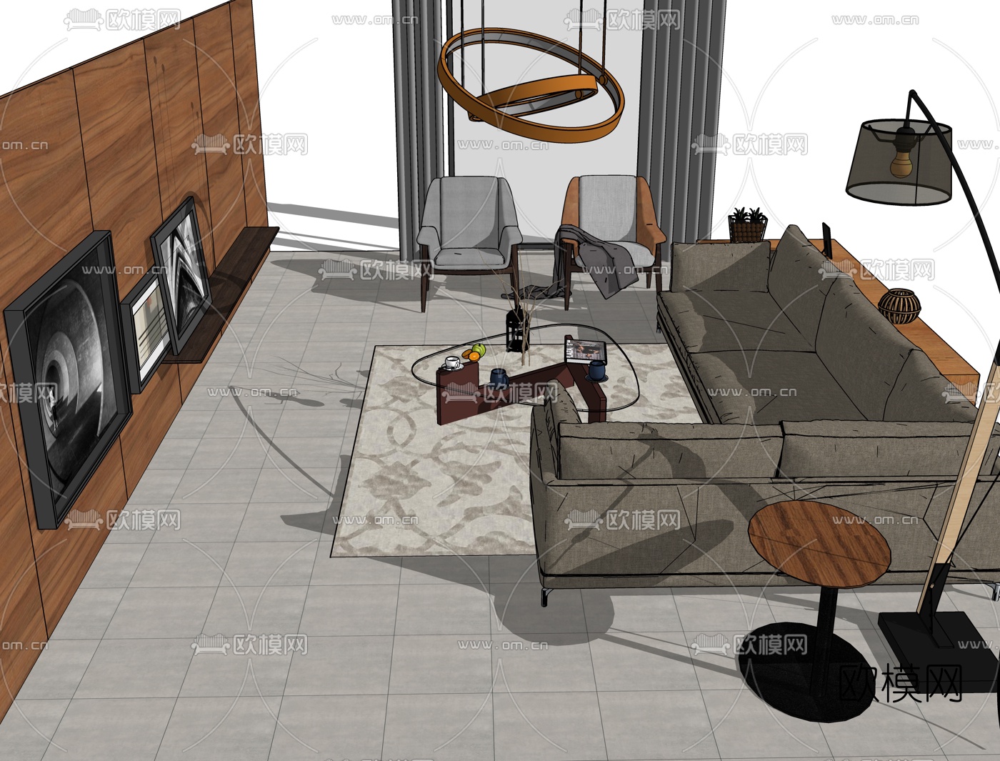现代布艺沙发组合su模型下载（渲染图3）