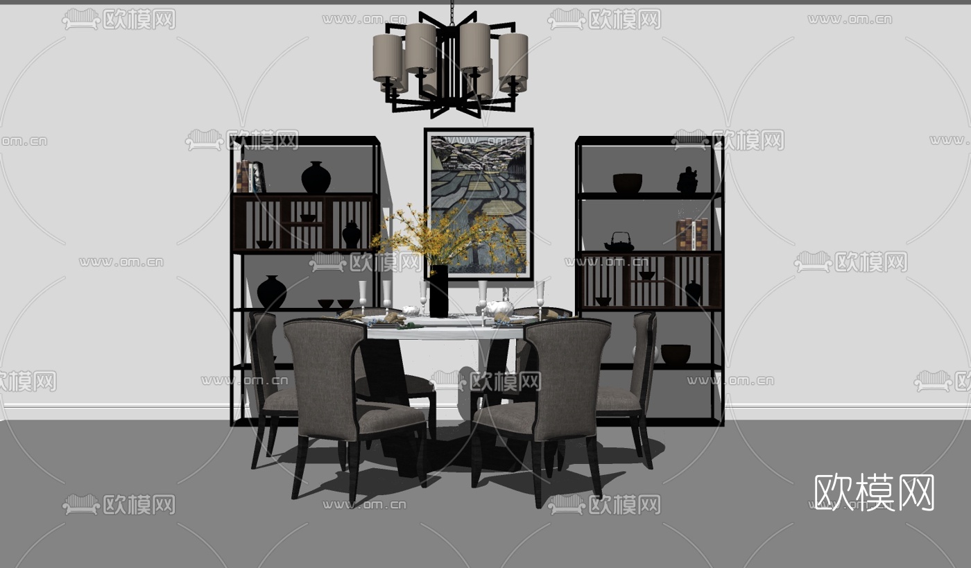 新中式餐桌椅组合su模型下载（渲染图2）