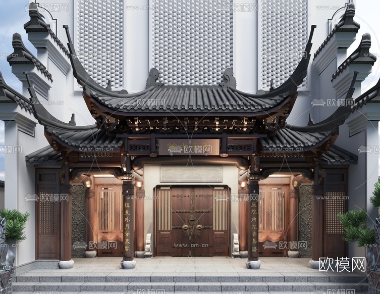 中式住宅门头3d模型下载(渲染图1)