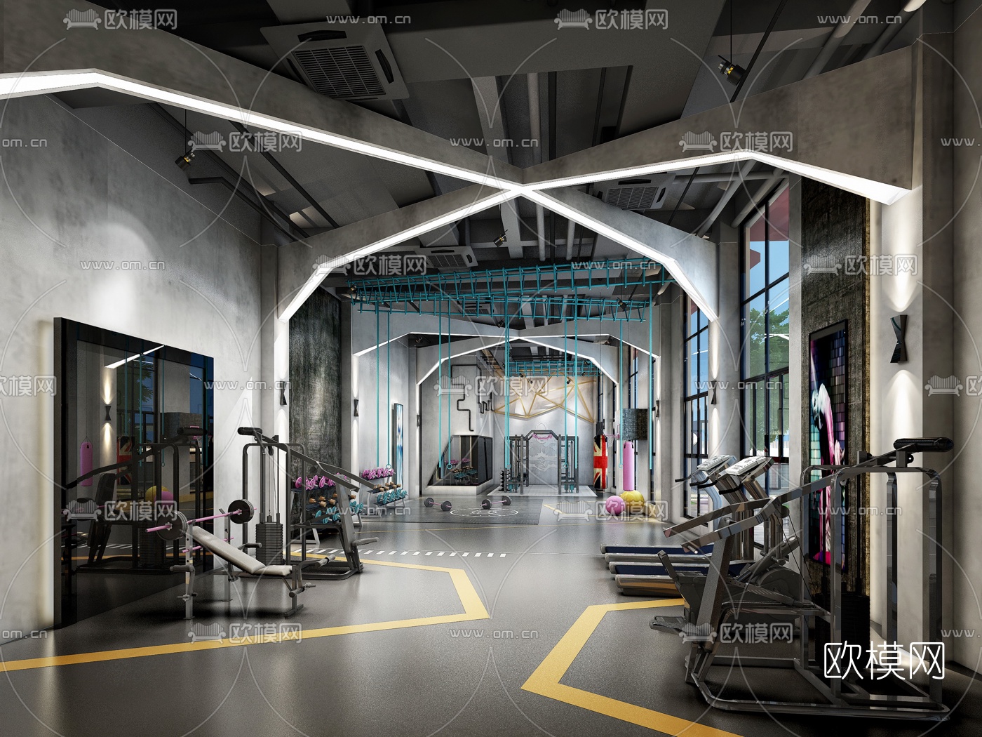 工业风健身房3d模型下载
