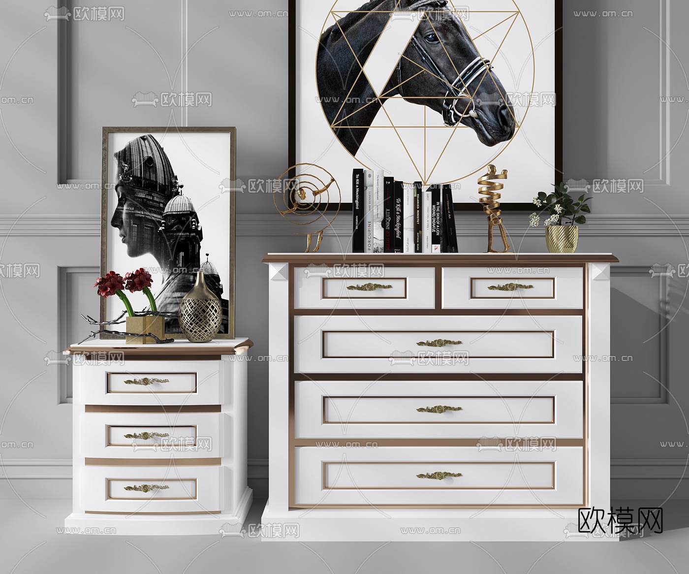 欧式床头柜斗柜摆件组合3D模型下载