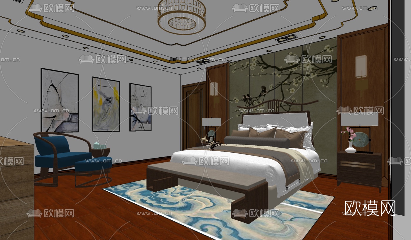 新中式卧室主人房su模型下载（渲染图3）