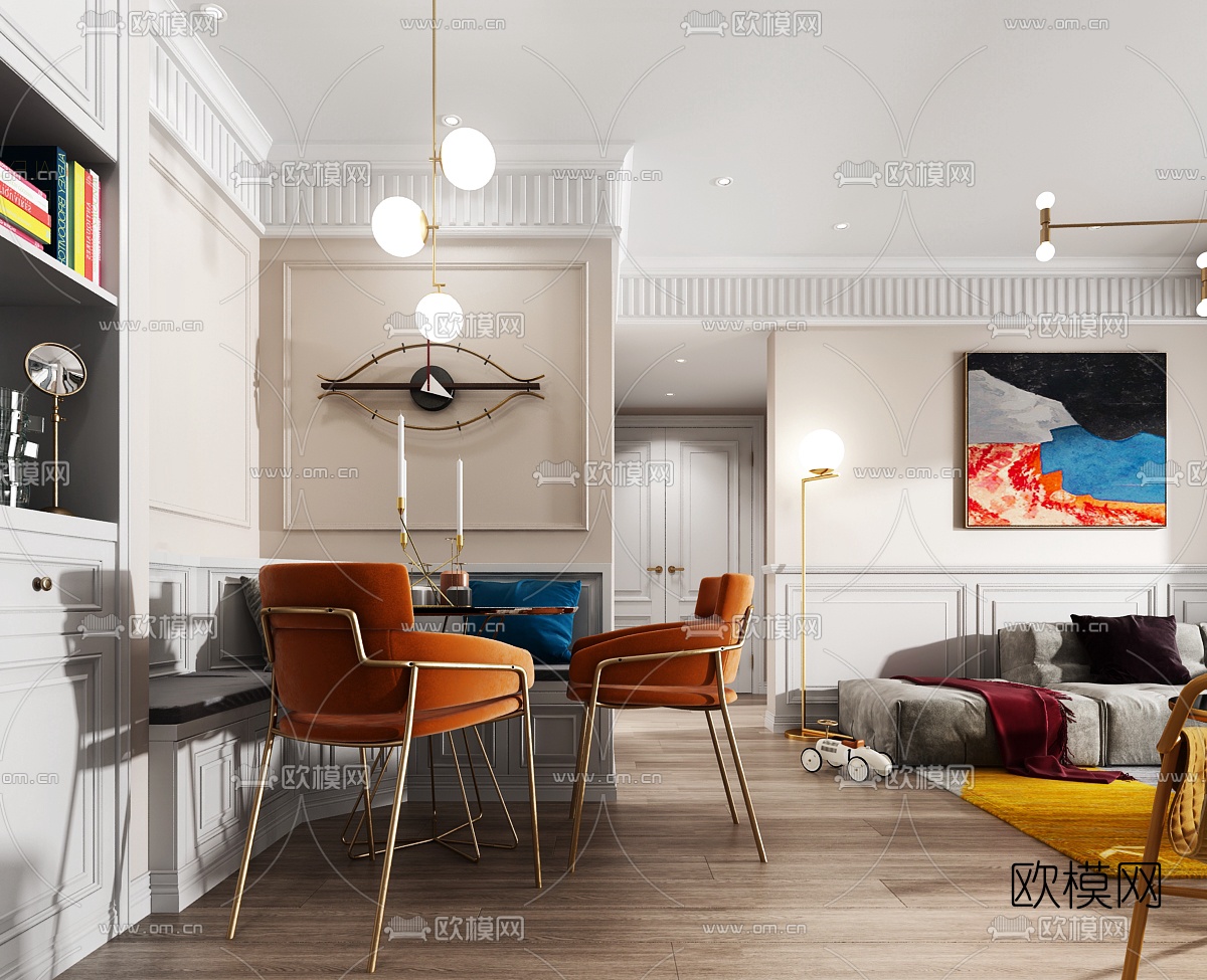 欧式客厅餐厅3D模型下载（渲染图1）