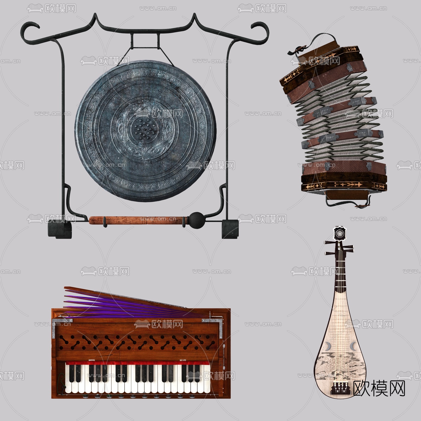 中式乐器锣琵琶簧风琴六角形风琴组合3D模型下载