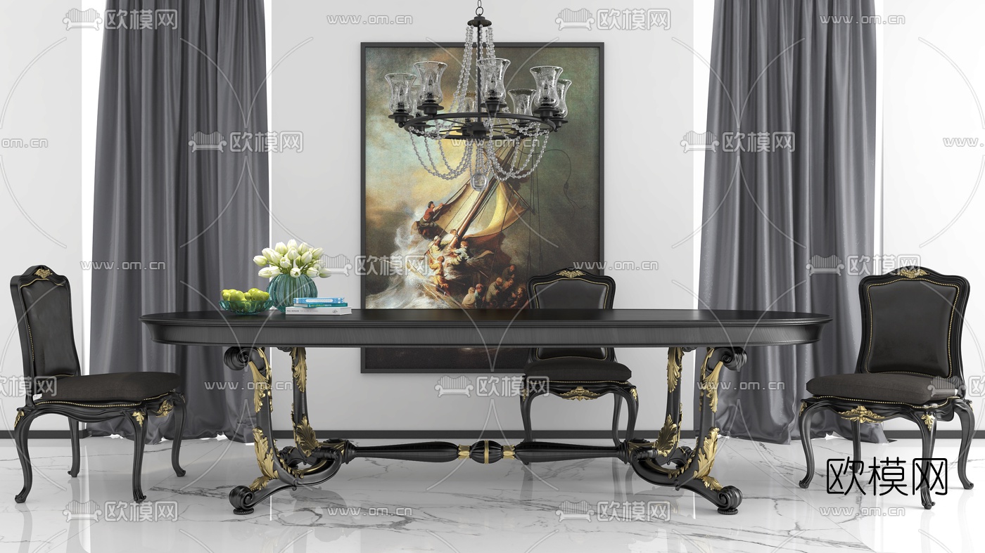 欧式古典餐桌椅3d模型下载（渲染图1）