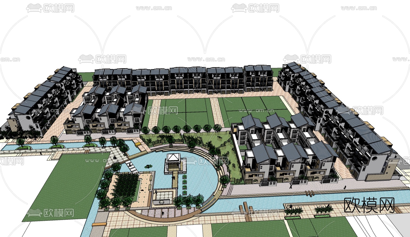 新中式小区规划免费su模型下载（渲染图1）