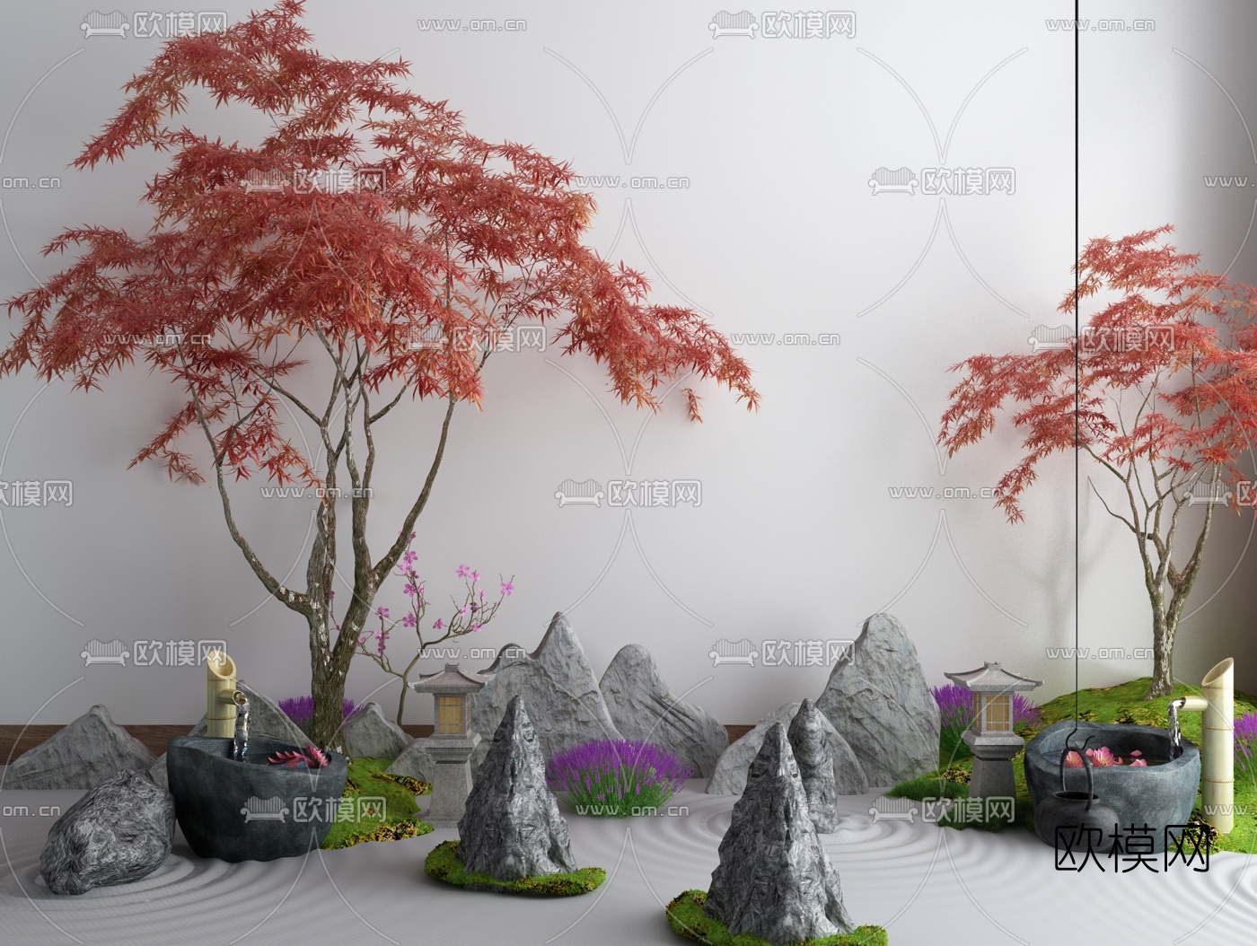 日式枫树水景园艺小品3d模型