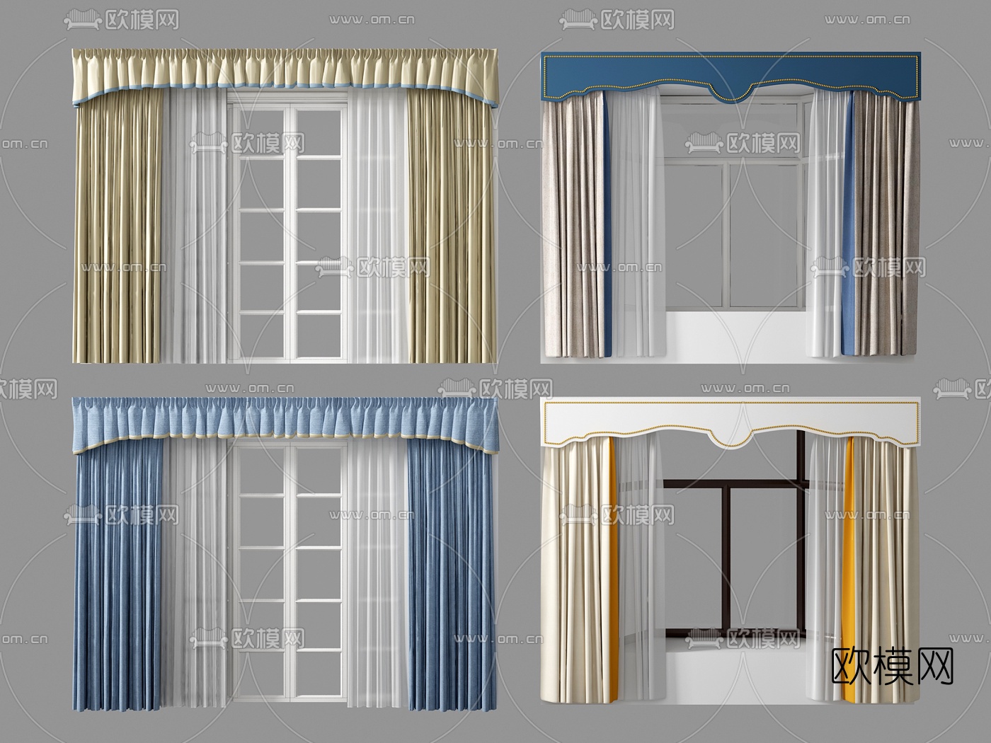 简欧布艺窗帘3d模型下载