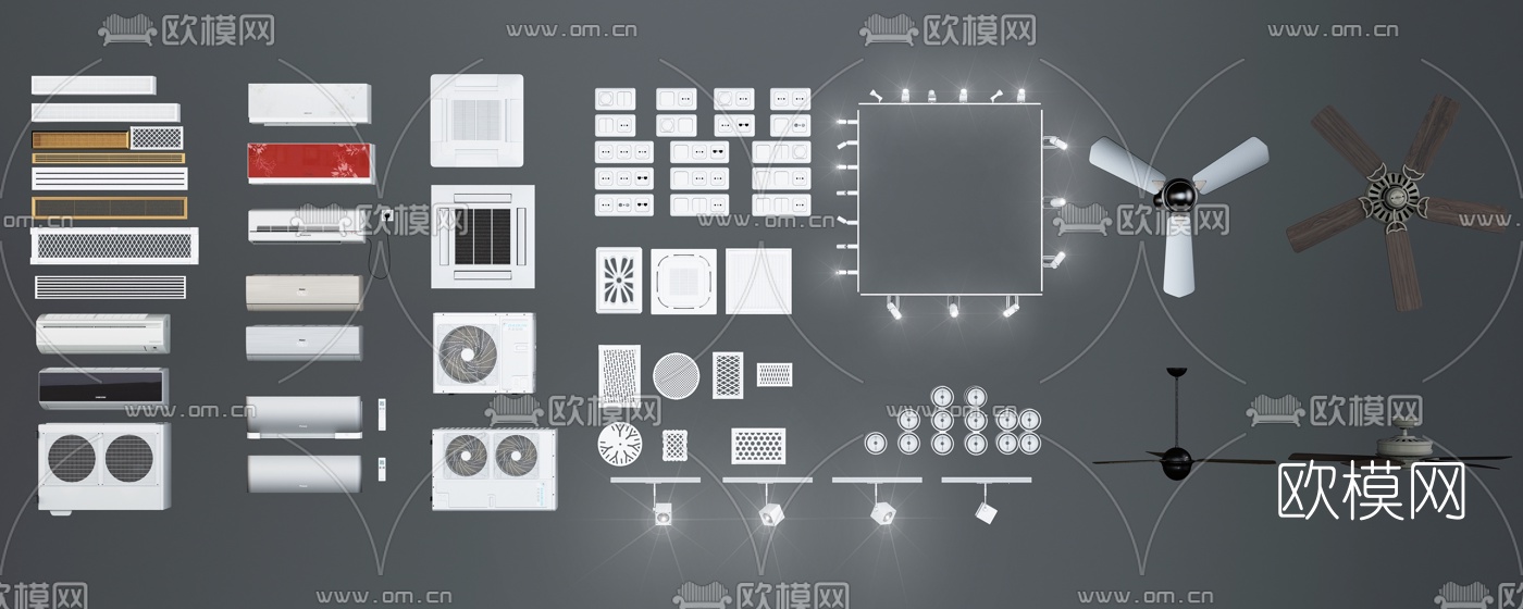 现代吊扇空调风口筒灯射灯组合3d模型下载