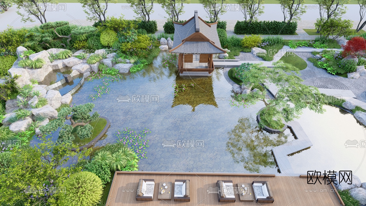 新中式园林景观su模型下载（渲染图4）