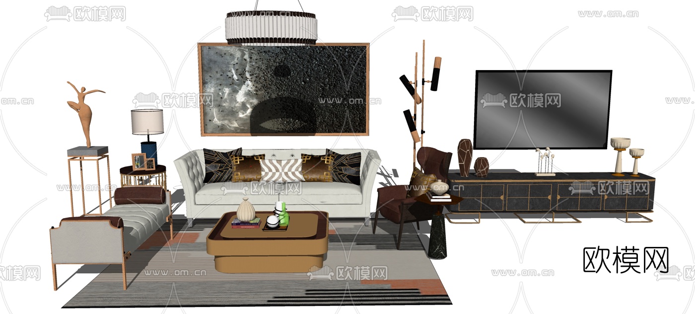 现代轻奢沙发组合su模型下载（渲染图1）