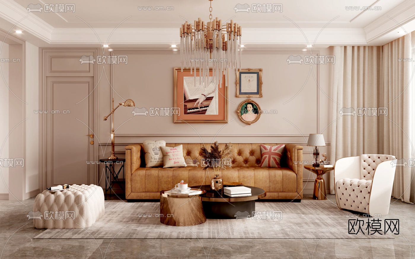 简美轻奢客厅餐厅3d模型下载（渲染图1）