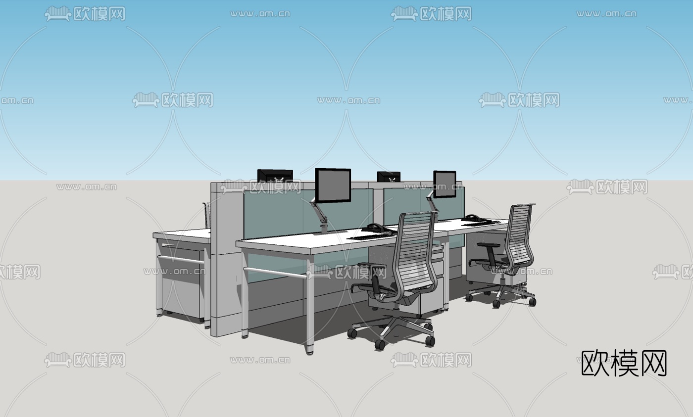 现代办公桌椅组合su模型下载（渲染图2）