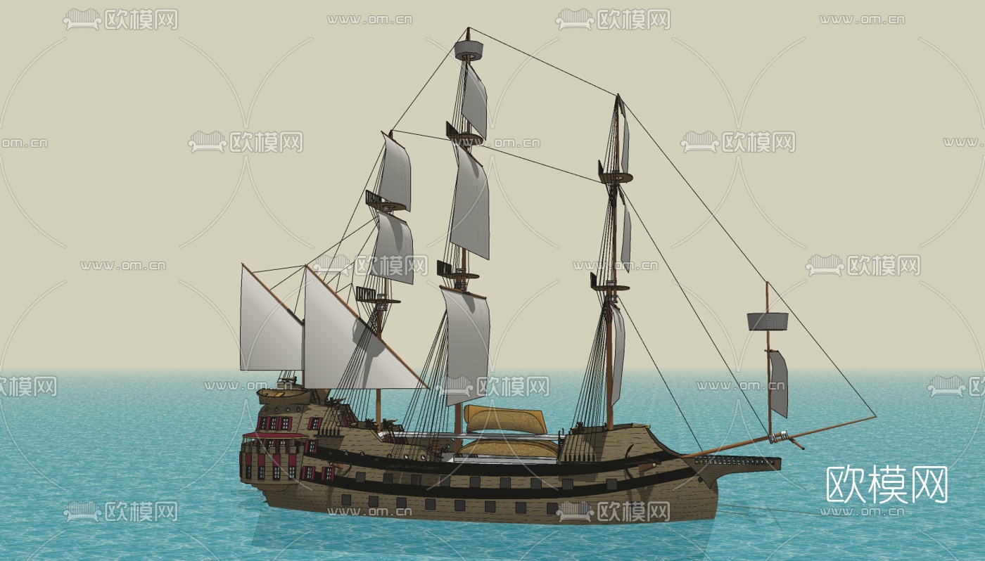 中式古代战船免费su模型下载（渲染图2）