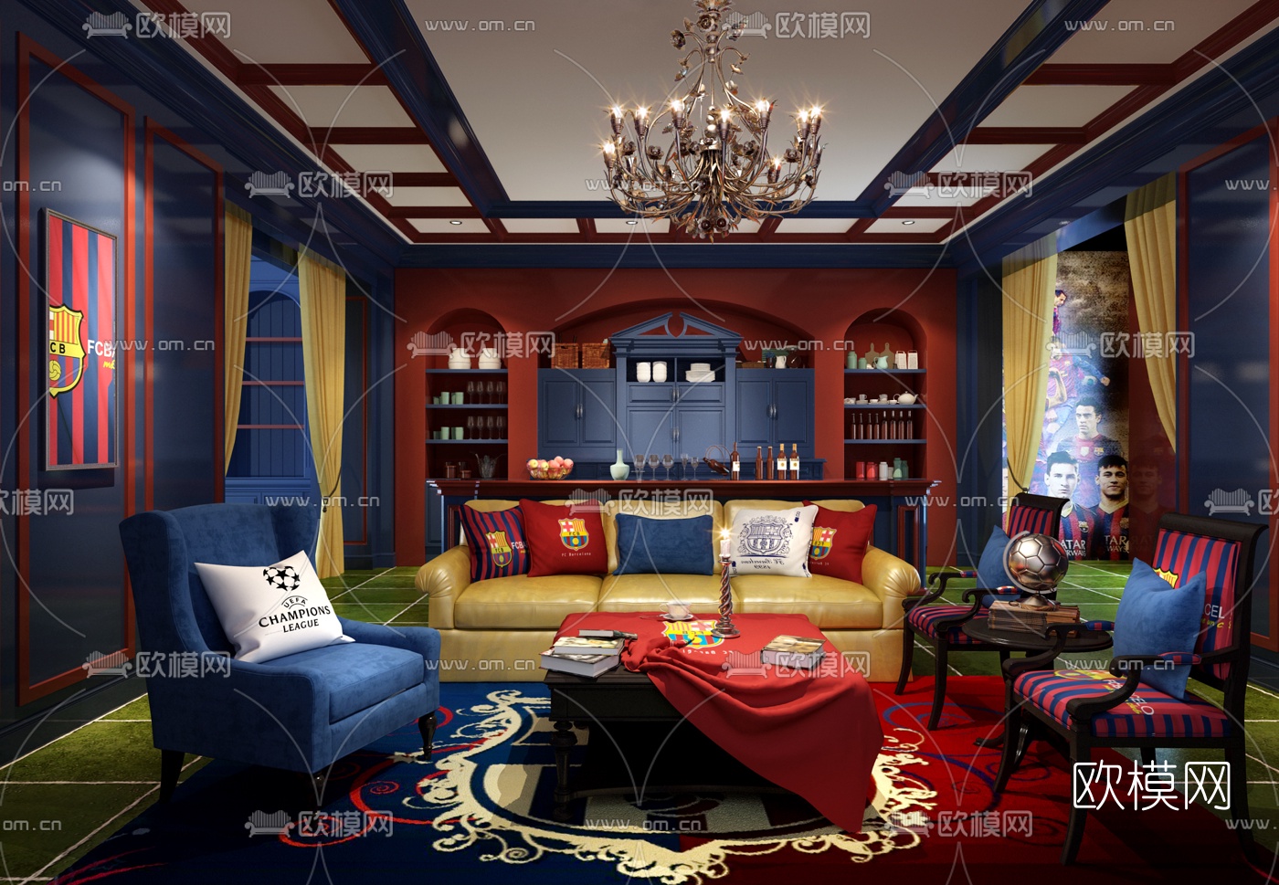 欧式巴萨主题酒吧休闲区3D模型