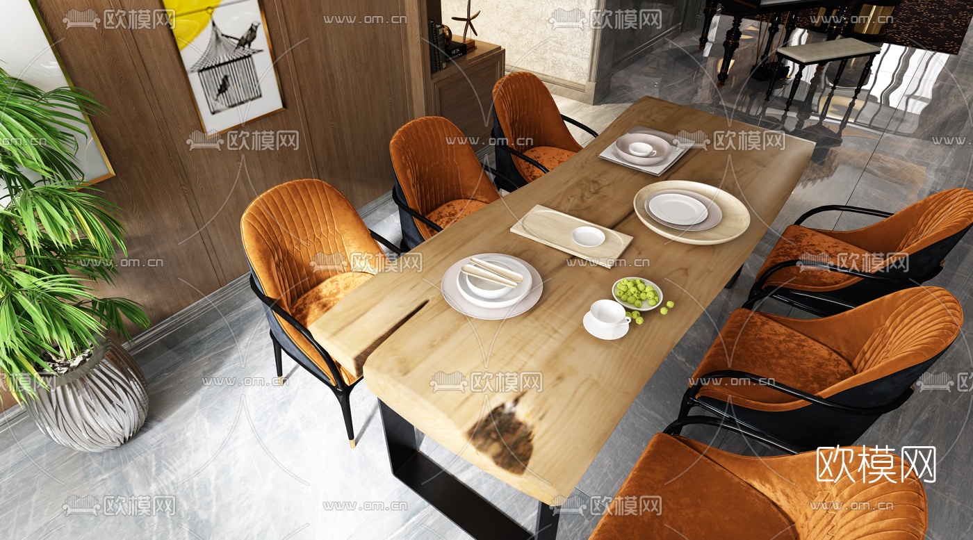 后现代轻奢客厅餐厅3d模型
