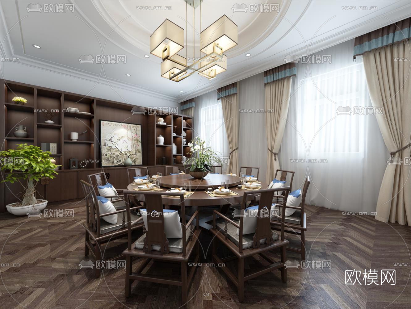 新中式酒店餐厅包房3D模型-免费3dmax模型库-欧模网