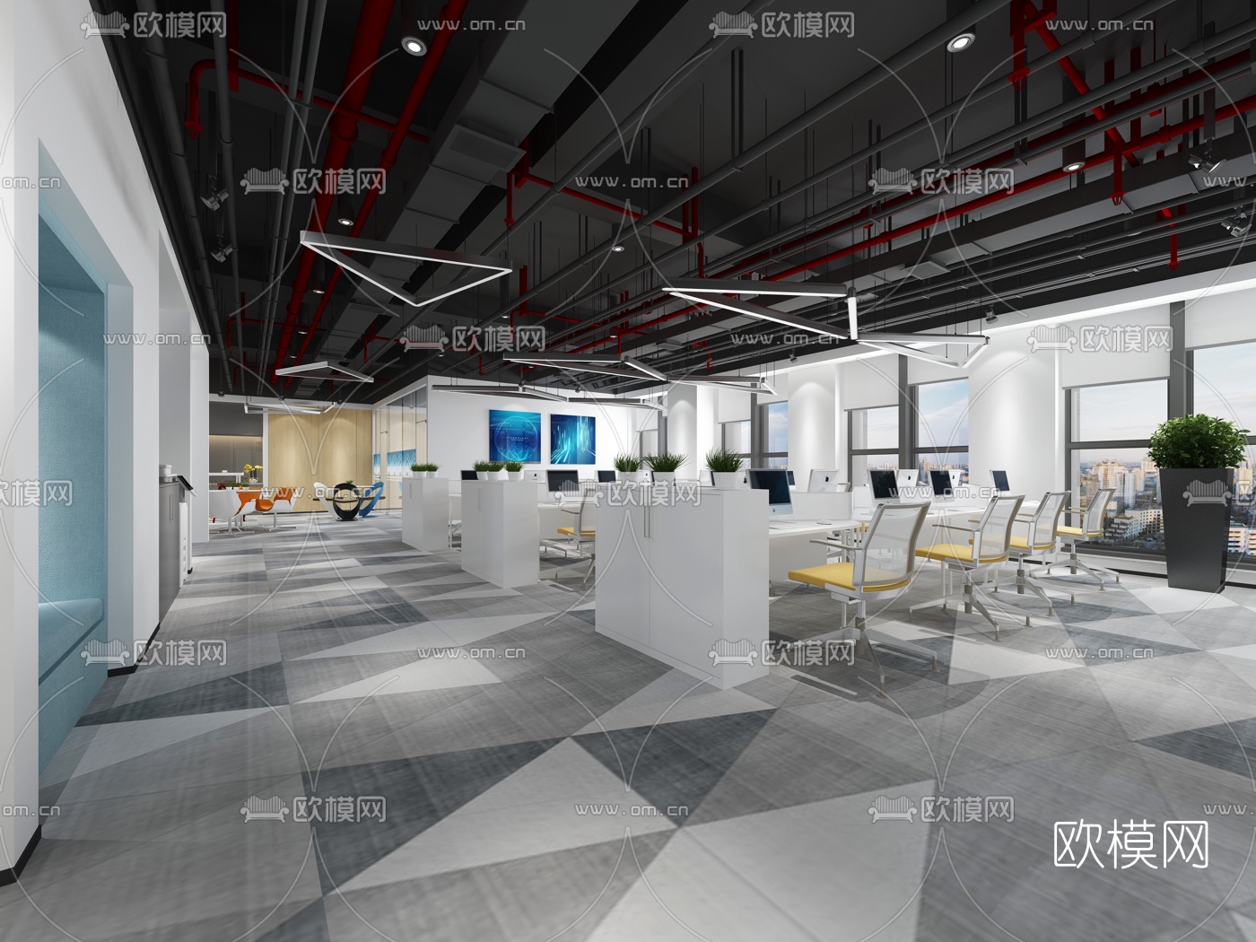 现代敞开式办公室3d模型-免费3dmax模型库-欧模网