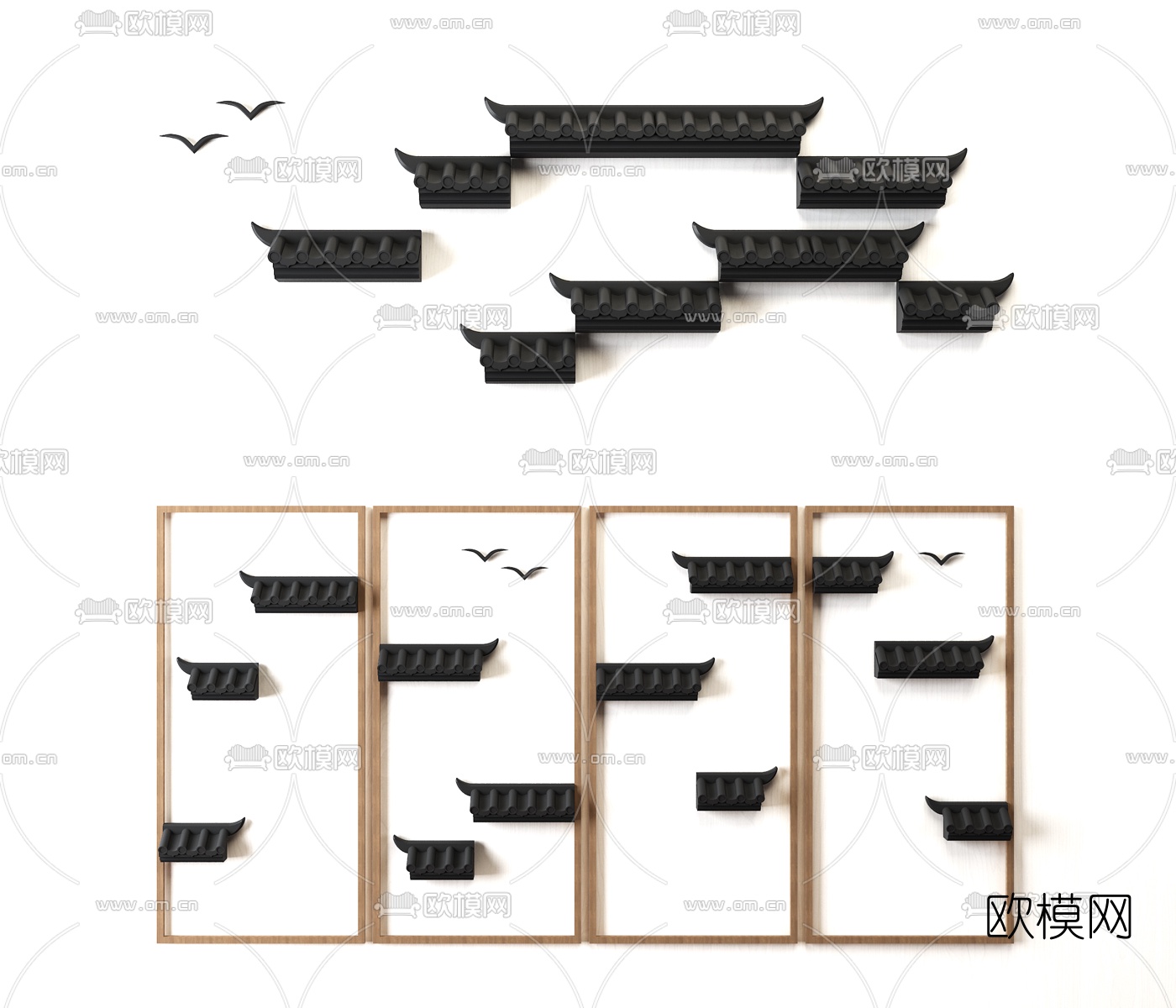 新中式屋檐立体墙面装饰3D模型