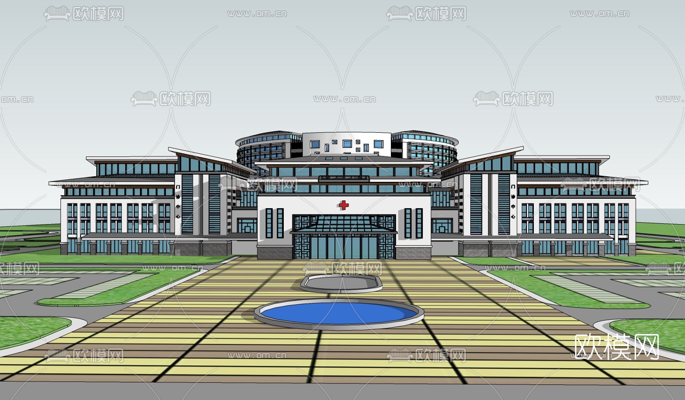 新中式医院su模型下载（渲染图1）