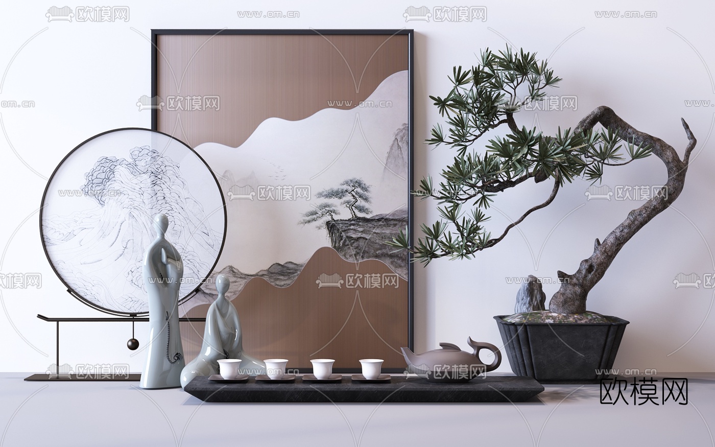 新中式禅意茶具盆栽摆件3d模型
